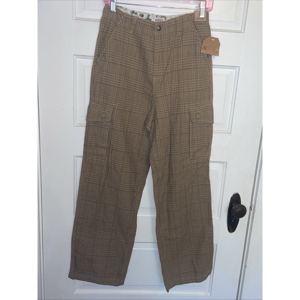 NWT Route 66 Pants | Adjustable Waist | Tan Plaid Khaki Teal Pockets | S. Holmes